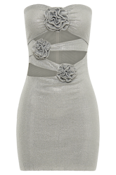 Korinna Strapless Rose Diamante Mini Dress - Silver